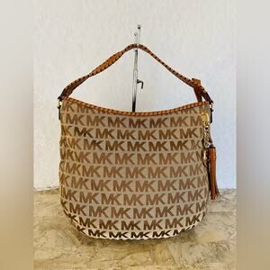 MICHAEL KORS MK logo beige canvas whipstitch ergo hobo shoulder bag